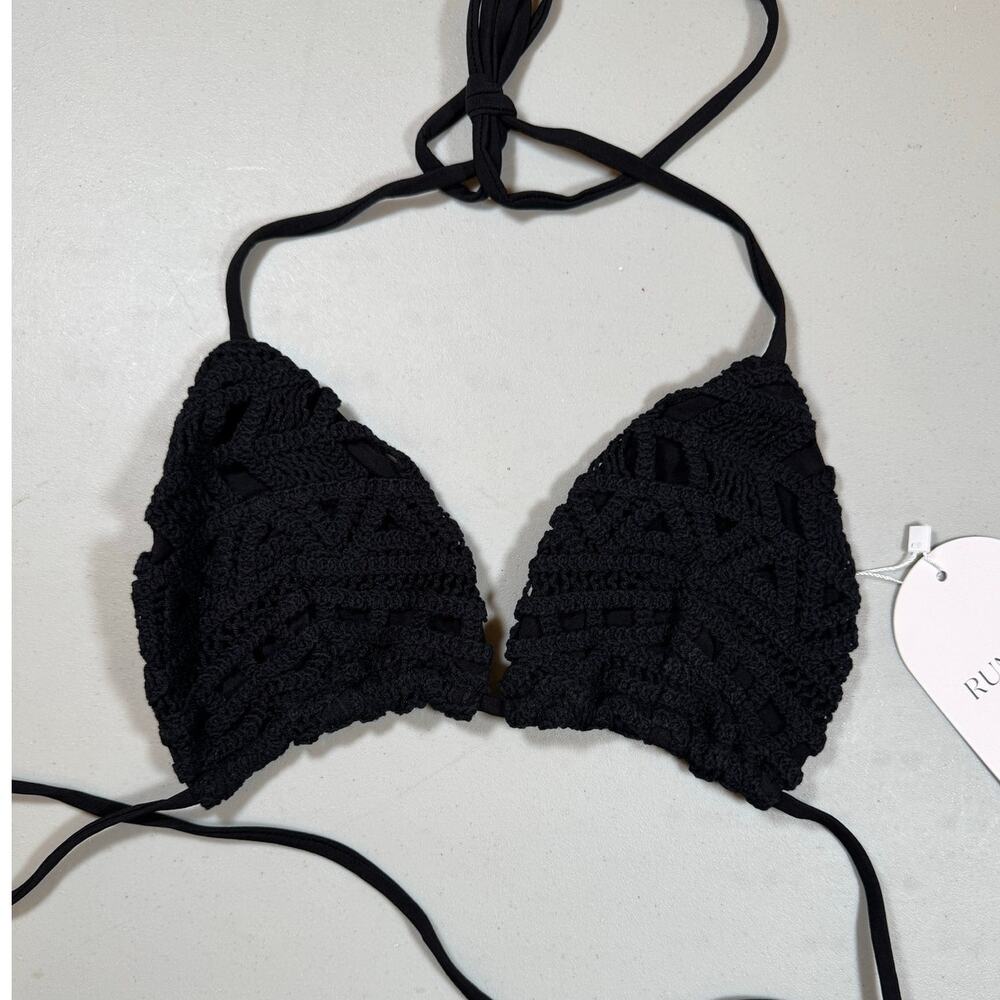 RUMER Black Crochet Bikini Top Medium Triangle Swimwear Festival NWT Boho Tie